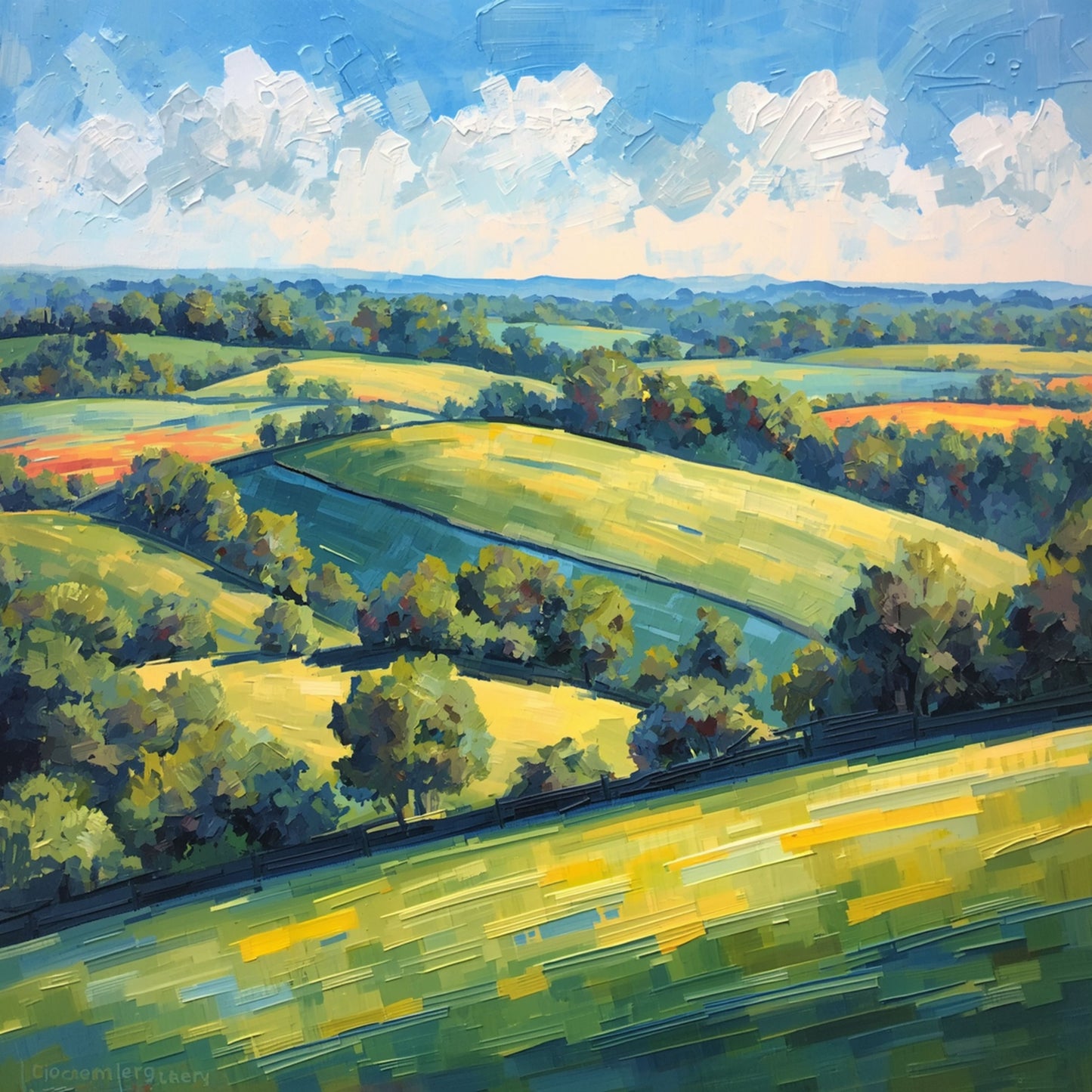 Schilderij van eindeloos glooiende groene heuvels onder stralend blauwe lucht met witte wolken – weids Engels plattelandslandschap wall art print

