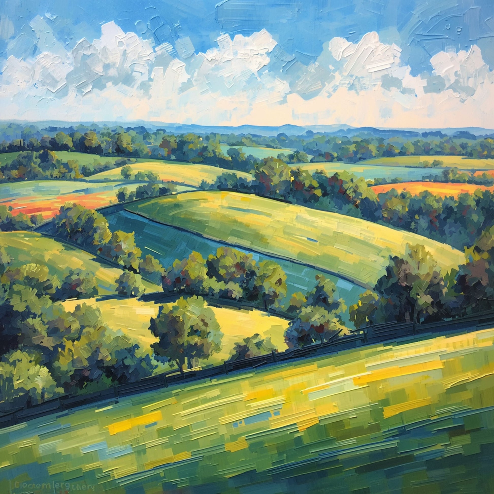Schilderij van eindeloos glooiende groene heuvels onder stralend blauwe lucht met witte wolken – weids Engels plattelandslandschap wall art print
