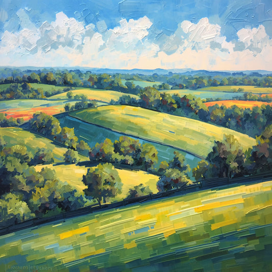 Schilderij van eindeloos glooiende groene heuvels onder stralend blauwe lucht met witte wolken – weids Engels plattelandslandschap wall art print
