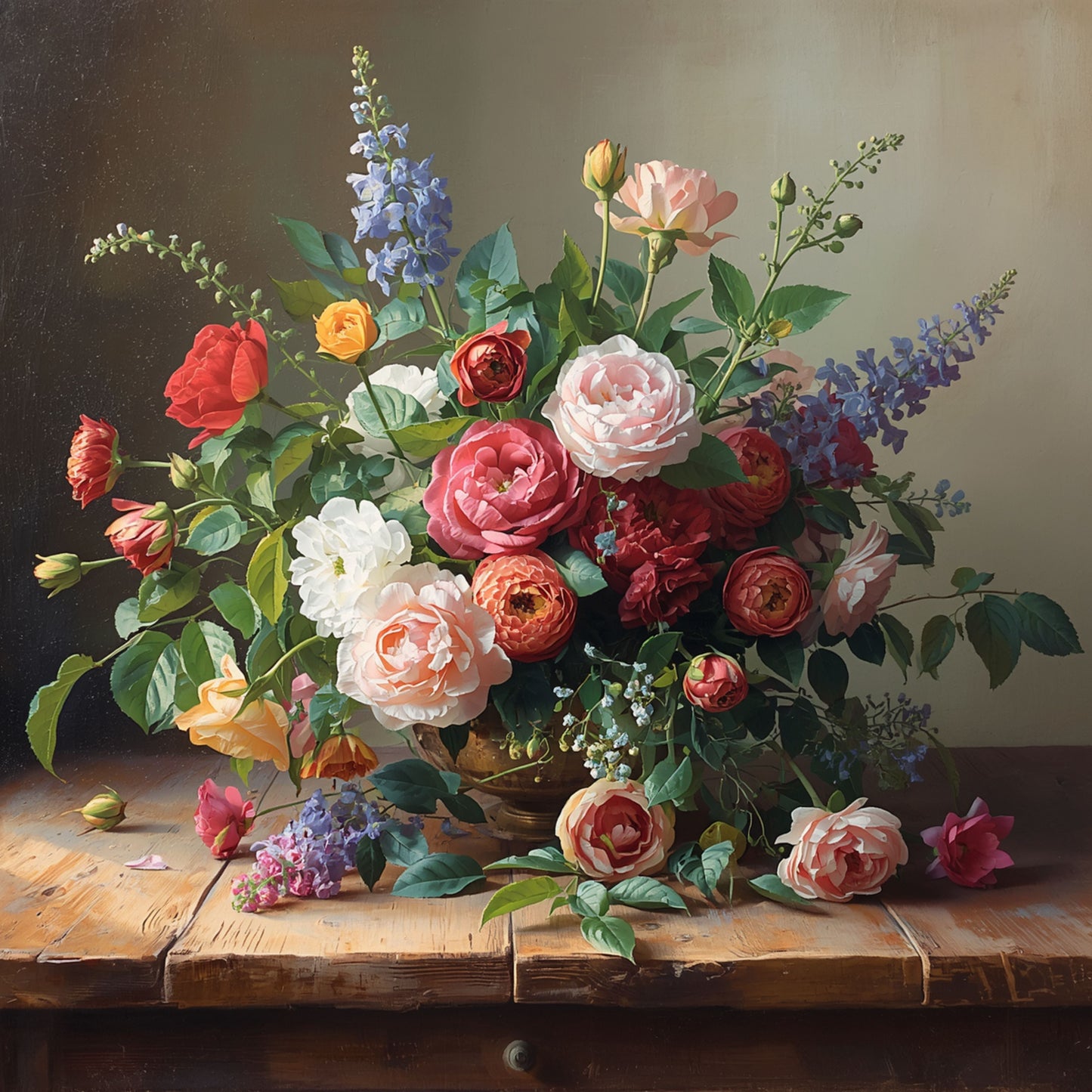Klassiek bloemenstilleven schilderij met weelderige rozen, pioenrozen en delfsblauwe bloemen op houten tafel in oude-meester stijl – wall art print
