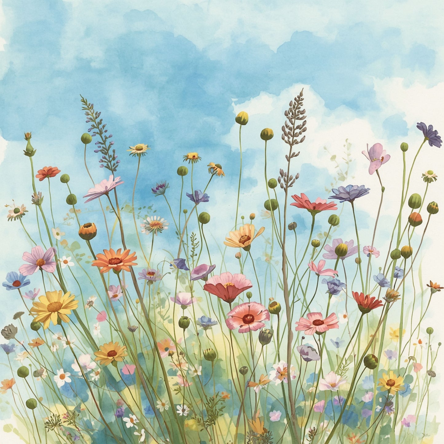 Aquarel schilderij van sierlijke wilde bloemen in rood, oranje en blauw tegen een lichtblauwe lucht – dromerig bloemen wall art print lentesfeer
