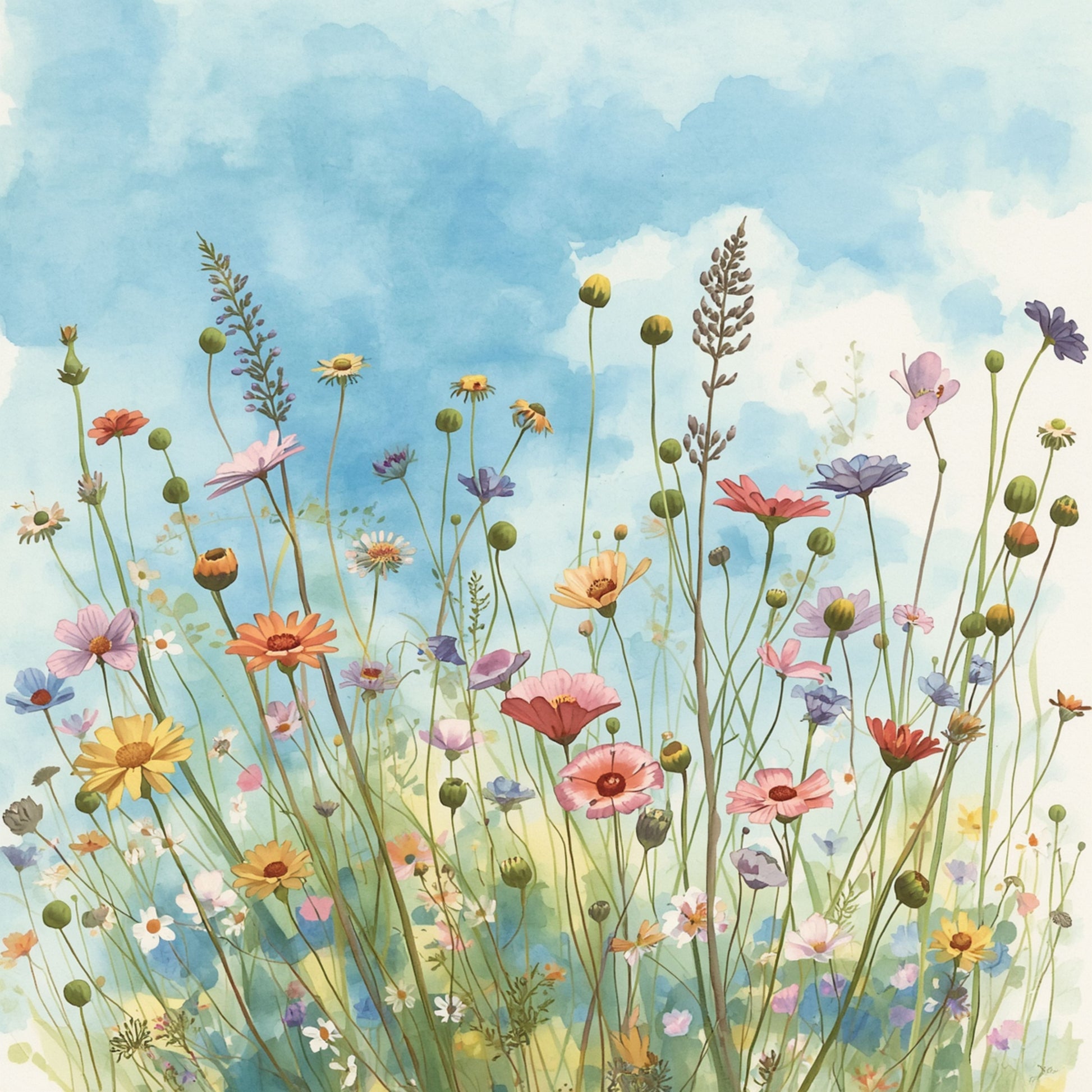 Aquarel schilderij van sierlijke wilde bloemen in rood, oranje en blauw tegen een lichtblauwe lucht – dromerig bloemen wall art print lentesfeer
