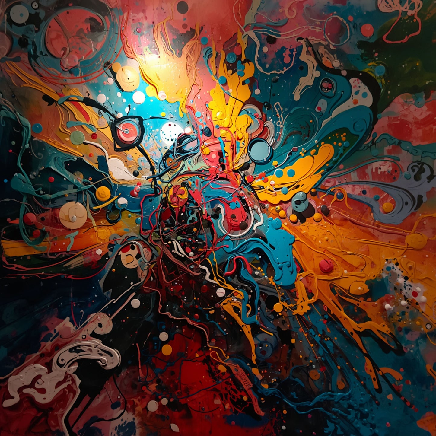 Abstract schilderij met wervelende stromen van diepblauw, vurig oranje, goud en groen die botsen als een kleurenexplosie op het doek – wall art print
