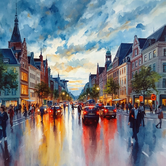 Schilderij van drukke Groningse regenstraat met kleurrijke lichtreflecties op nat plaveisel, voetgangers met paraplu's en historische gevels – impressionistisch wall art print
