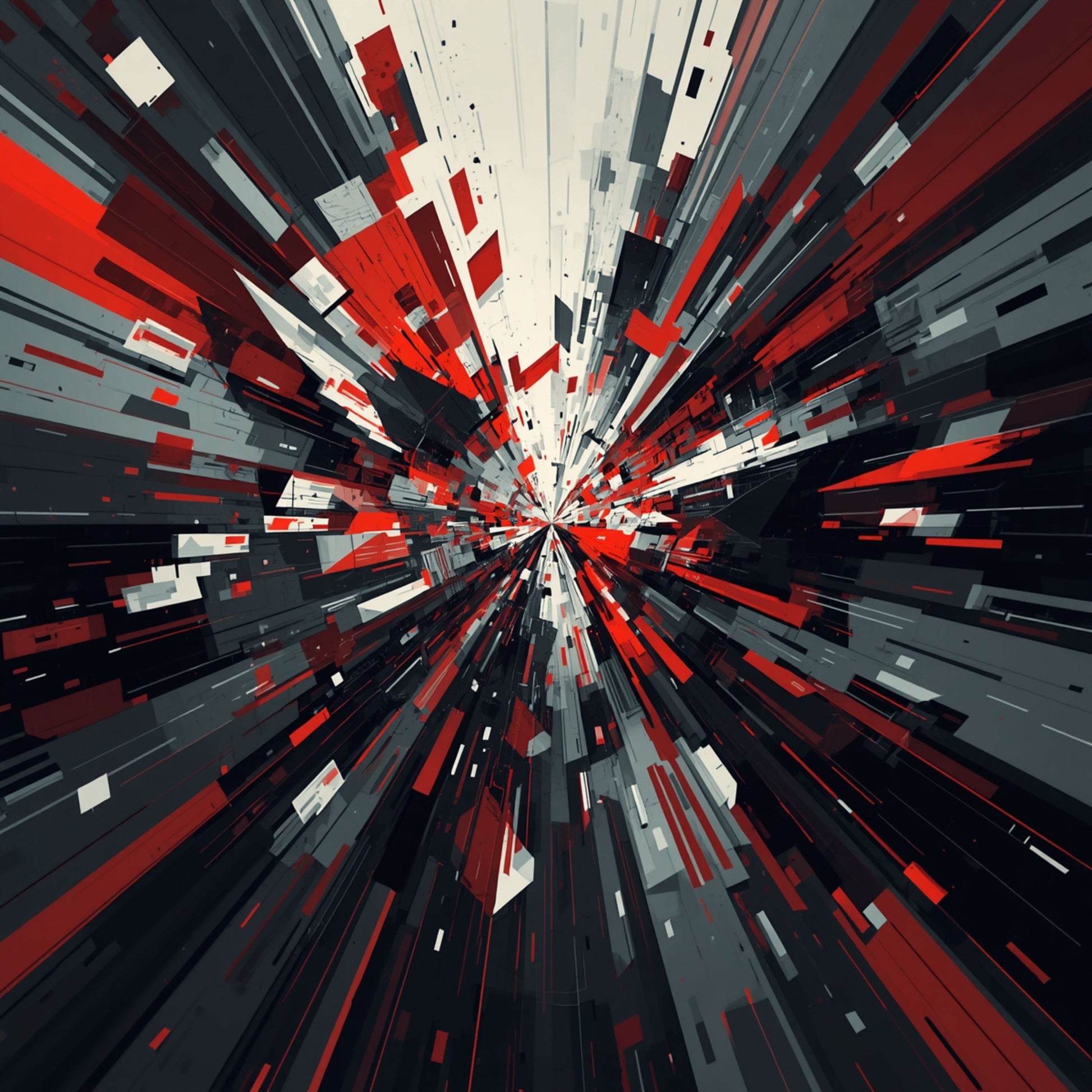 Abstract schilderij met explosieve diagonale lijnen in vurig rood, zwart en grijs die vanuit één centraal punt schieten – dynamisch tunneleffect wall art print
