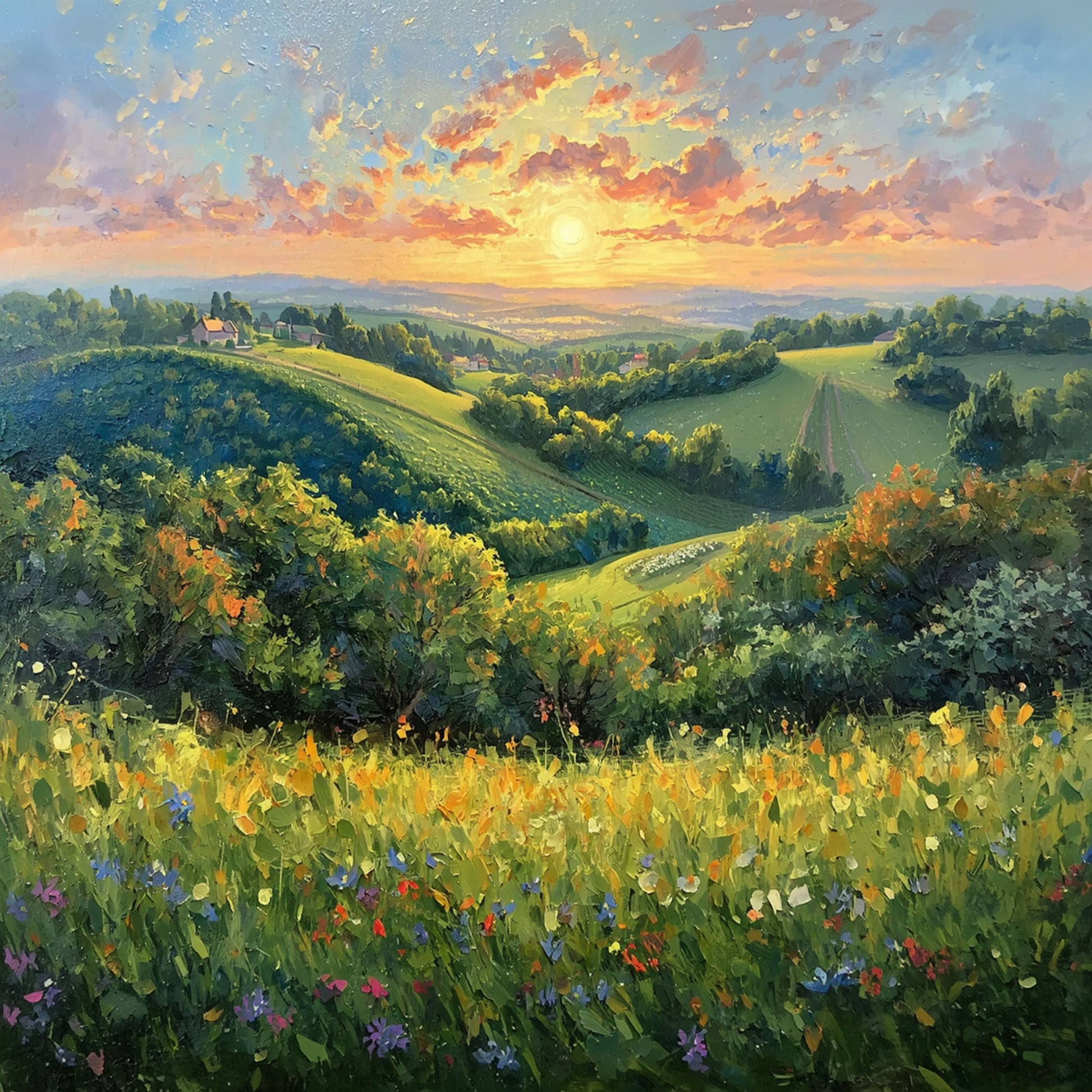 Schilderij van gloeiende zonsondergang boven weids glooiend landschap met gouden hemel in vuur en vlam en wilde bloemen op de voorgrond – natuur wall art print
