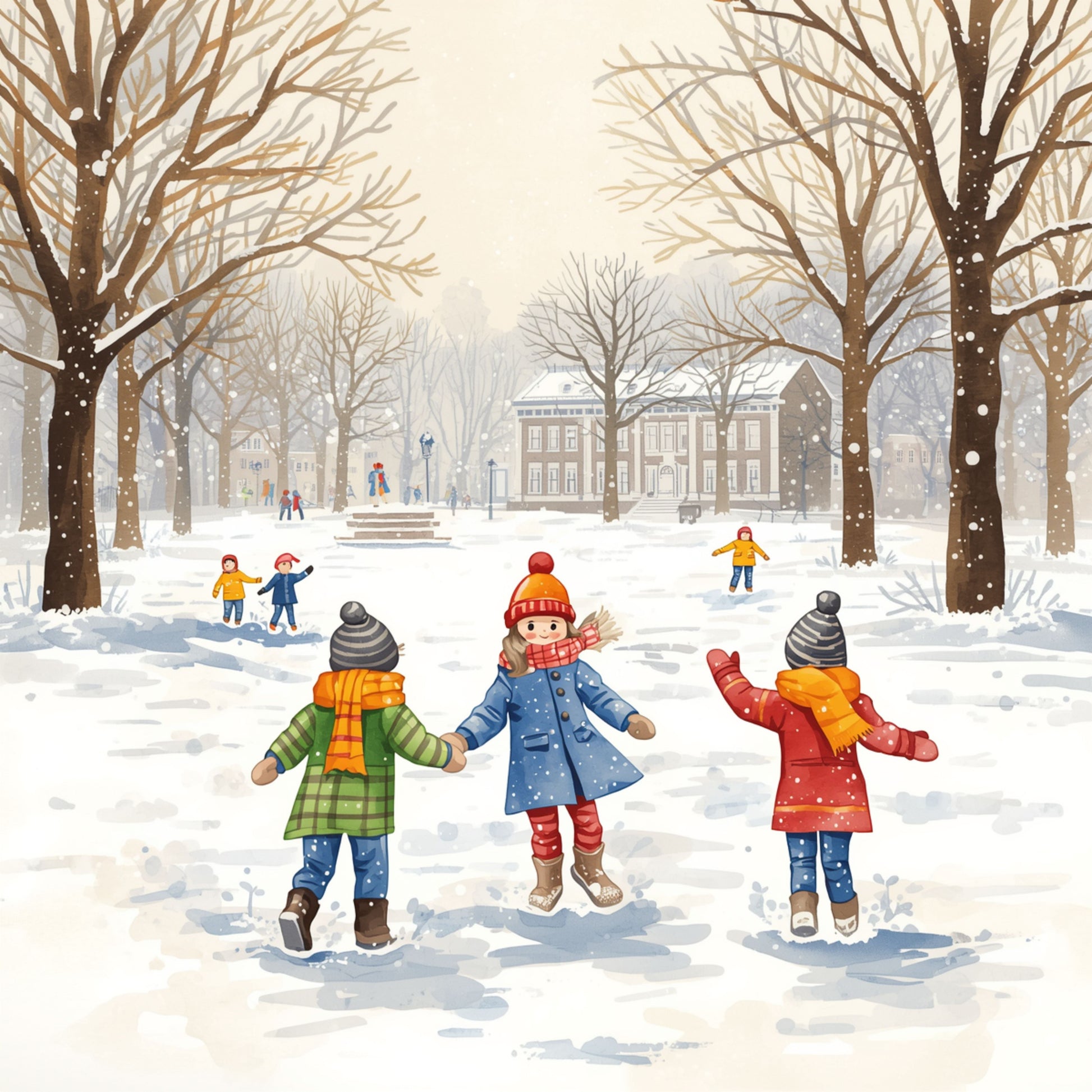 Schilderij van drie kinderen in kleurrijke jassen die hand in hand spelen in de sneeuw tussen kale winterbomen in Groningen – wall art print
