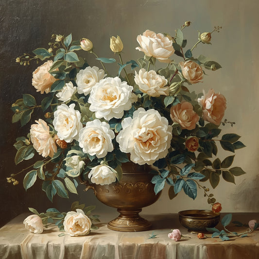 Schilderij van weelderig boeket roomwitte pioenrozen en rozen in bronzen vaas op donkere achtergrond – klassiek Hollandse meesters bloemen wall art print
