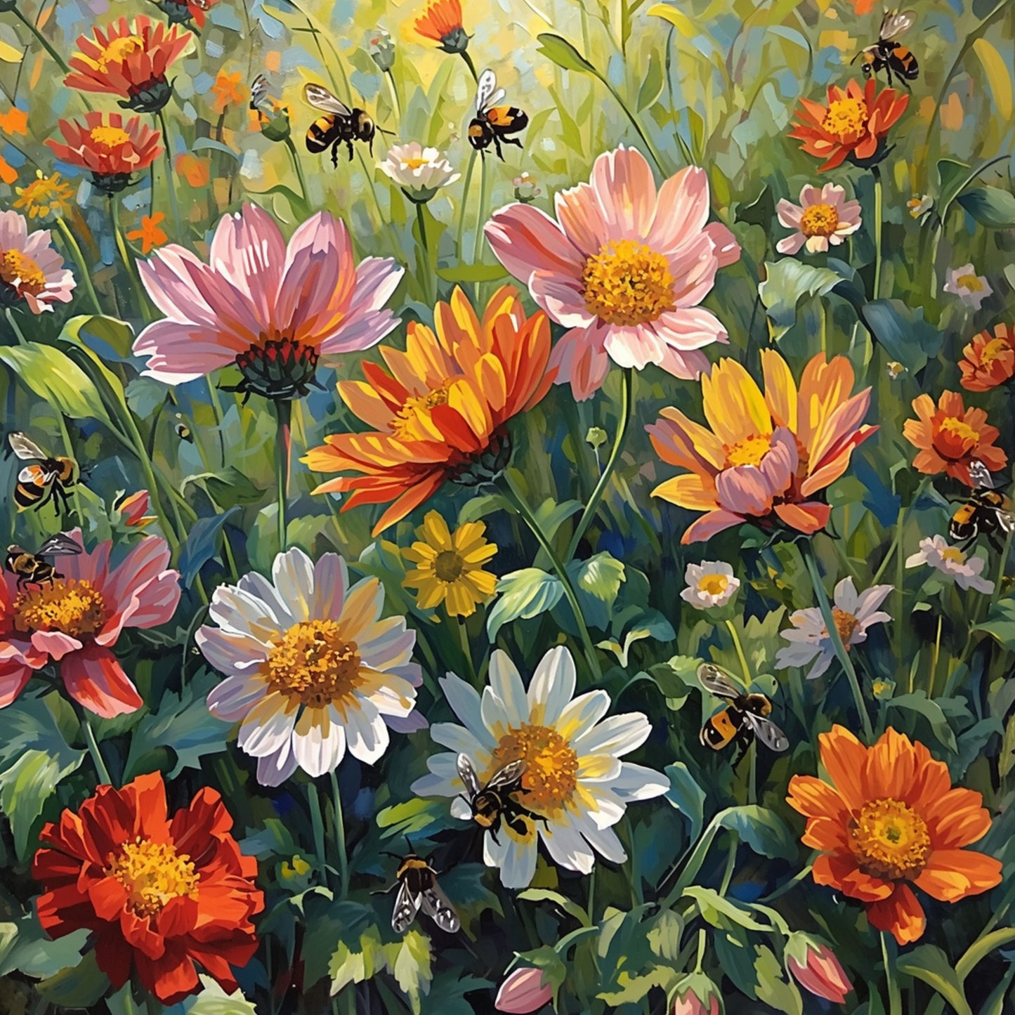 Schilderij van levendige tuin vol dahlia's, madeliefjes en wilde bloemen in roze, oranje, geel en wit – uitbundig impressionistisch bloemen wall art print
