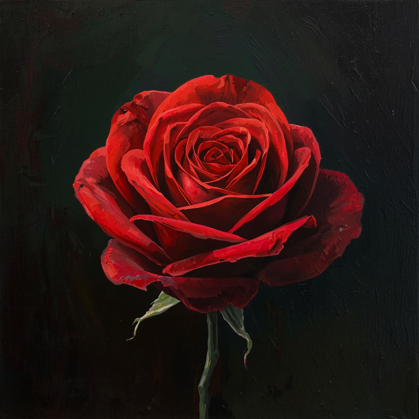 Schilderij van dieprode roos met fluweelzachte bloemblaadjes die oplicht tegen een donkere zwarte achtergrond – dramatisch bloemen wall art print
