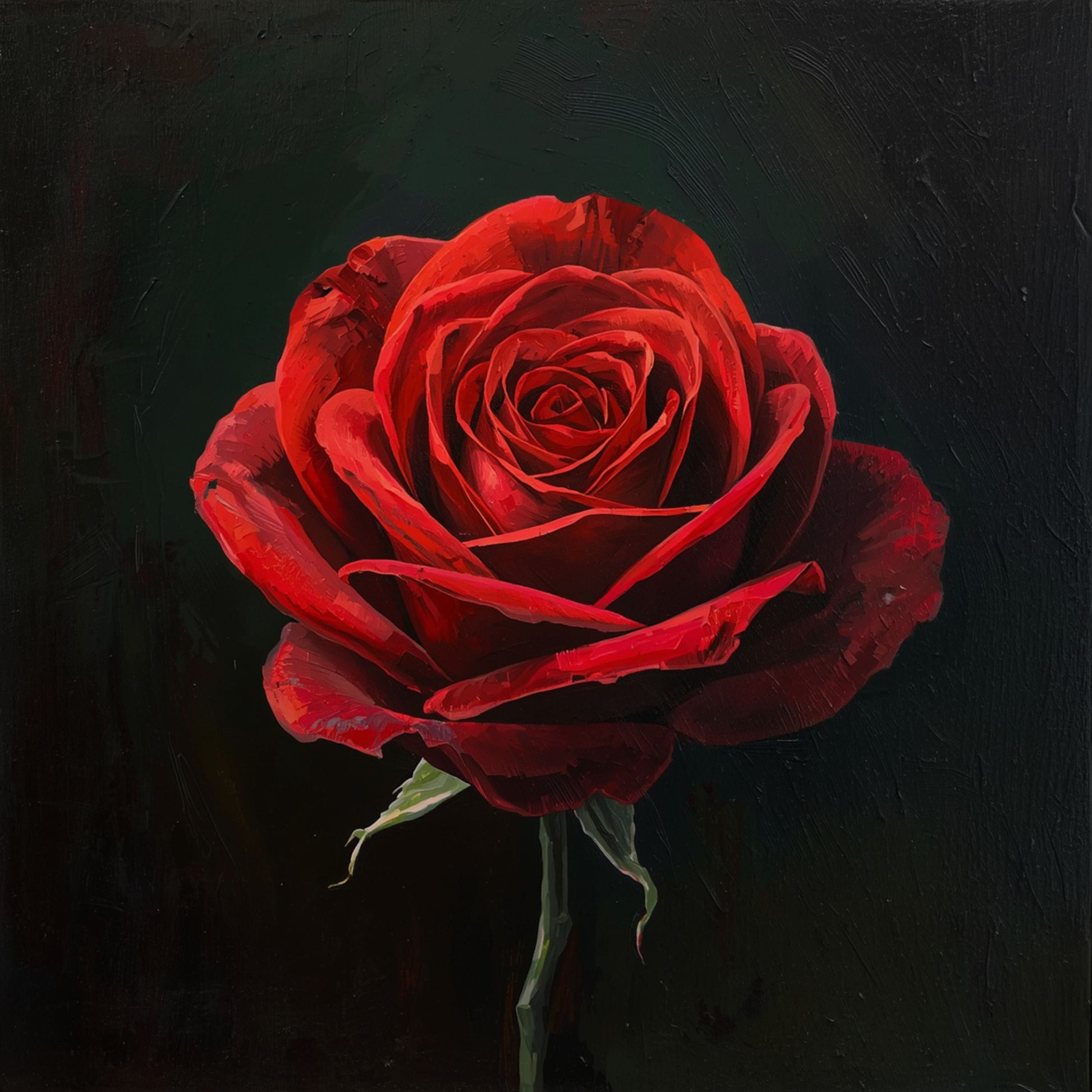 Schilderij van dieprode roos met fluweelzachte bloemblaadjes die oplicht tegen een donkere zwarte achtergrond – dramatisch bloemen wall art print
