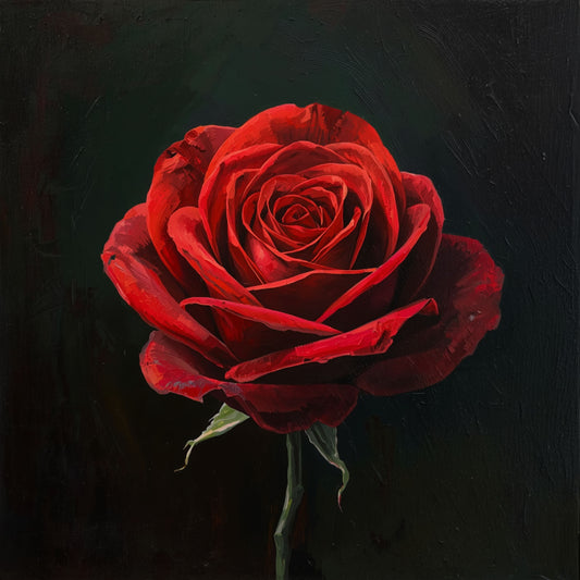 Schilderij van dieprode roos met fluweelzachte bloemblaadjes die oplicht tegen een donkere zwarte achtergrond – dramatisch bloemen wall art print
