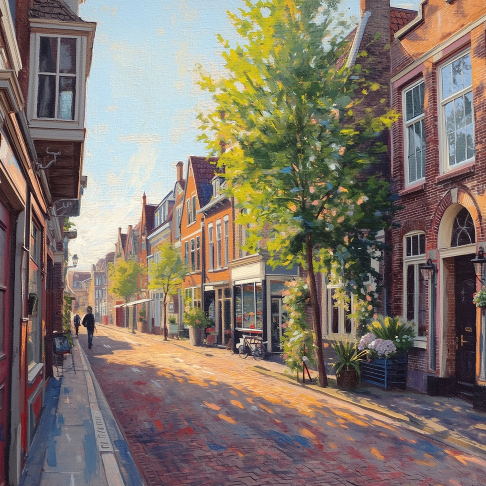 Schilderij van een zonnige Groningse straat met hoge bakstenen gevels, groene bomen en warm gouden zonlicht – olieverf Hollandse stads wall art print
