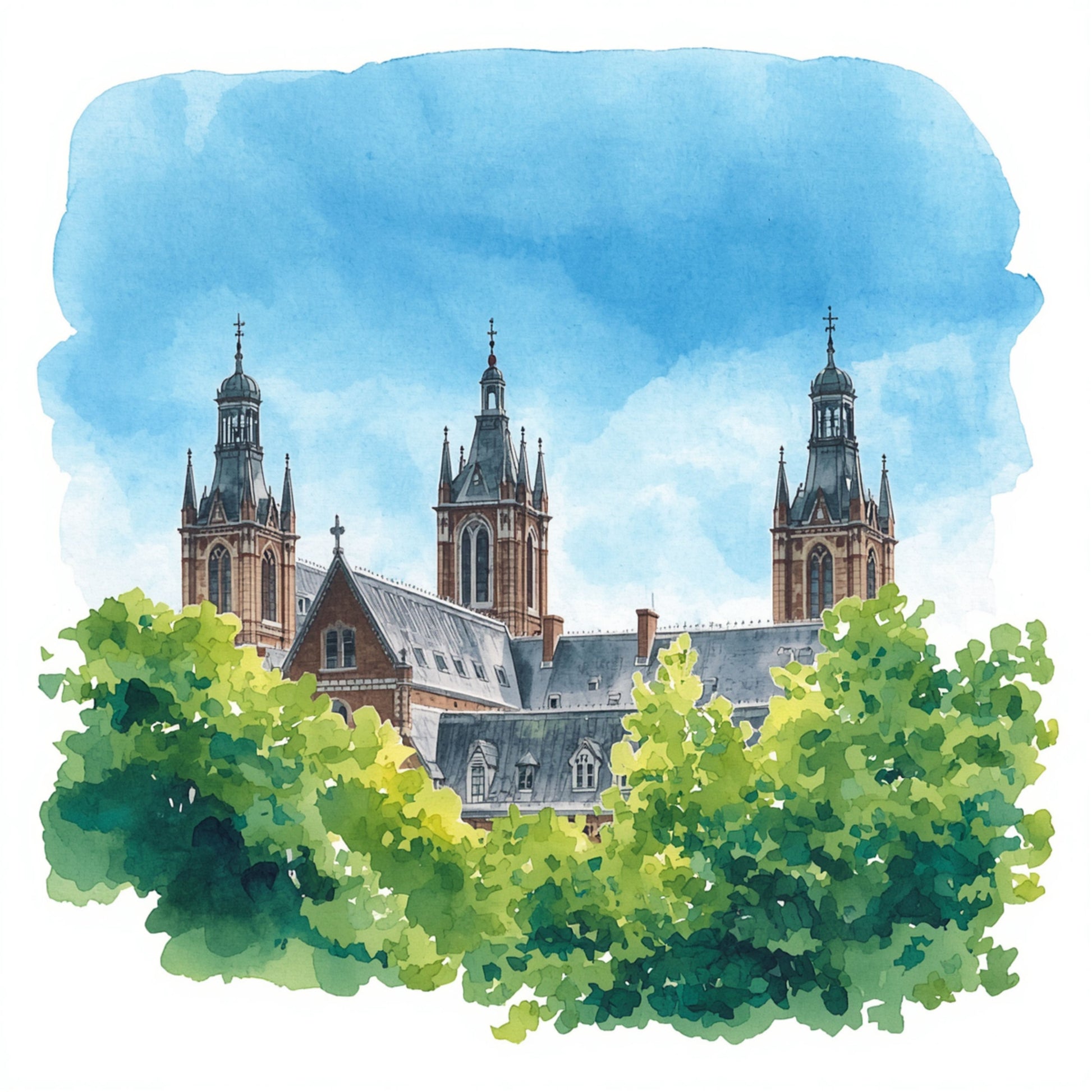Aquarel schilderij van majestueuze Eindhovense kathedraal met gotische torens verscholen tussen weelderig groen gebladerte – wall art print serene sfeer
