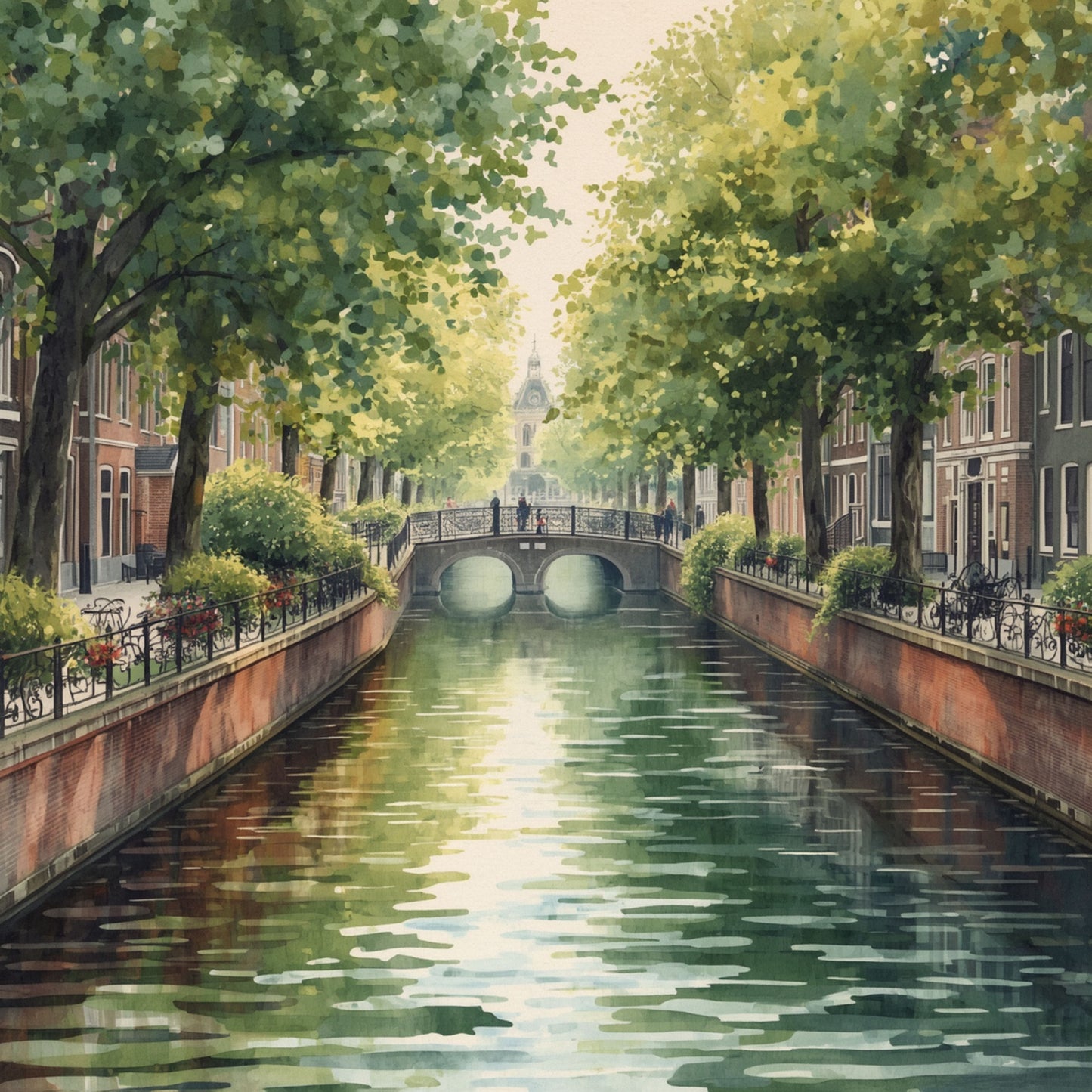 Schilderij van betoverende Eindhovense groene gracht met hoge bomen als bladertunnel, stille waterreflecties en schilderachtige boogbrug op de achtergrond – wall art print
