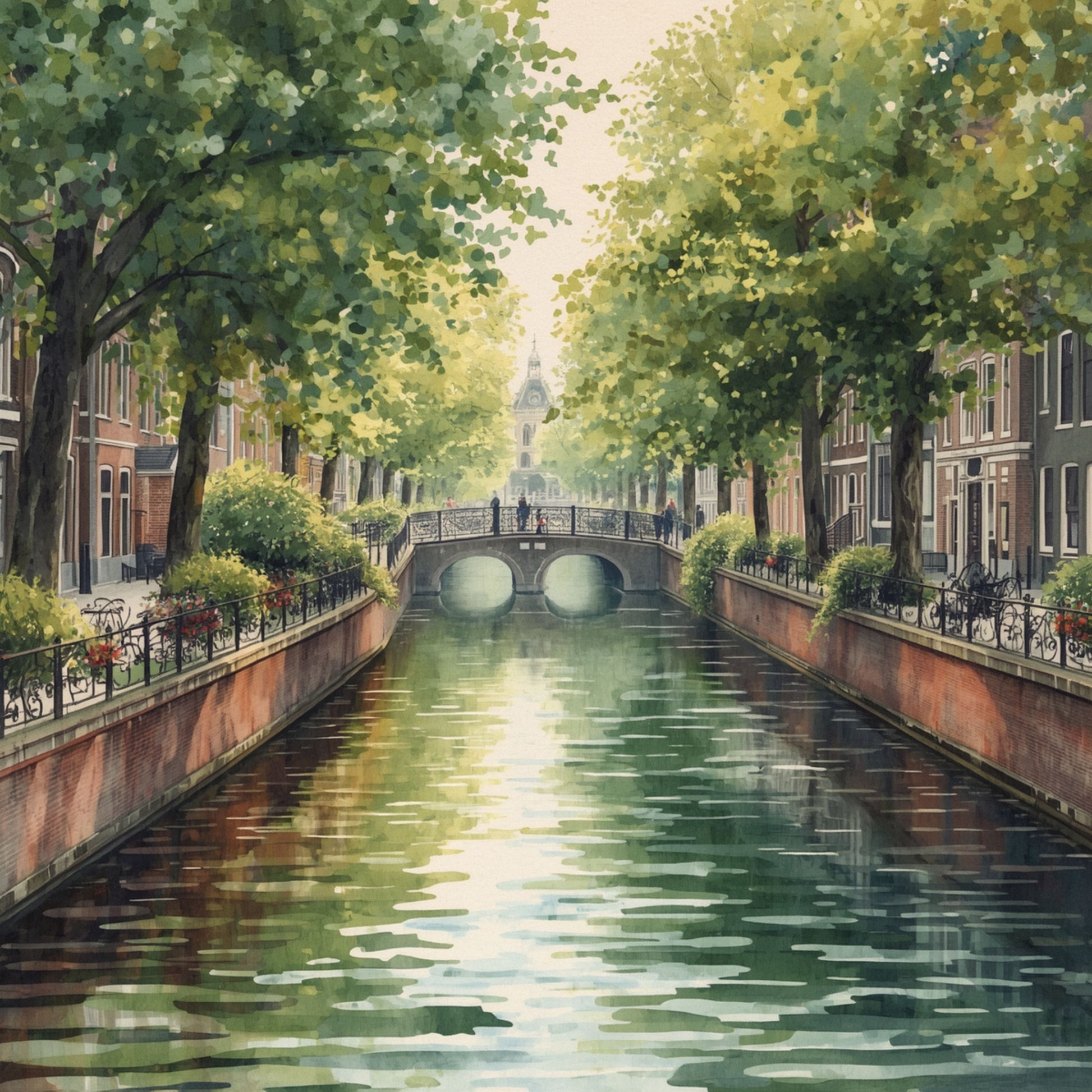 Schilderij van betoverende Eindhovense groene gracht met hoge bomen als bladertunnel, stille waterreflecties en schilderachtige boogbrug op de achtergrond – wall art print
