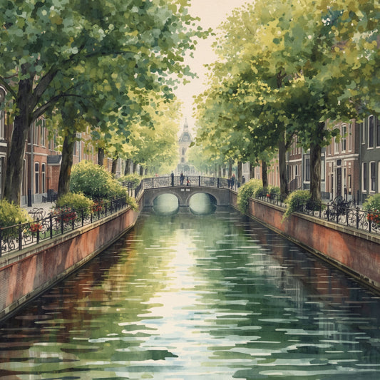 Schilderij van betoverende Eindhovense groene gracht met hoge bomen als bladertunnel, stille waterreflecties en schilderachtige boogbrug op de achtergrond – wall art print
