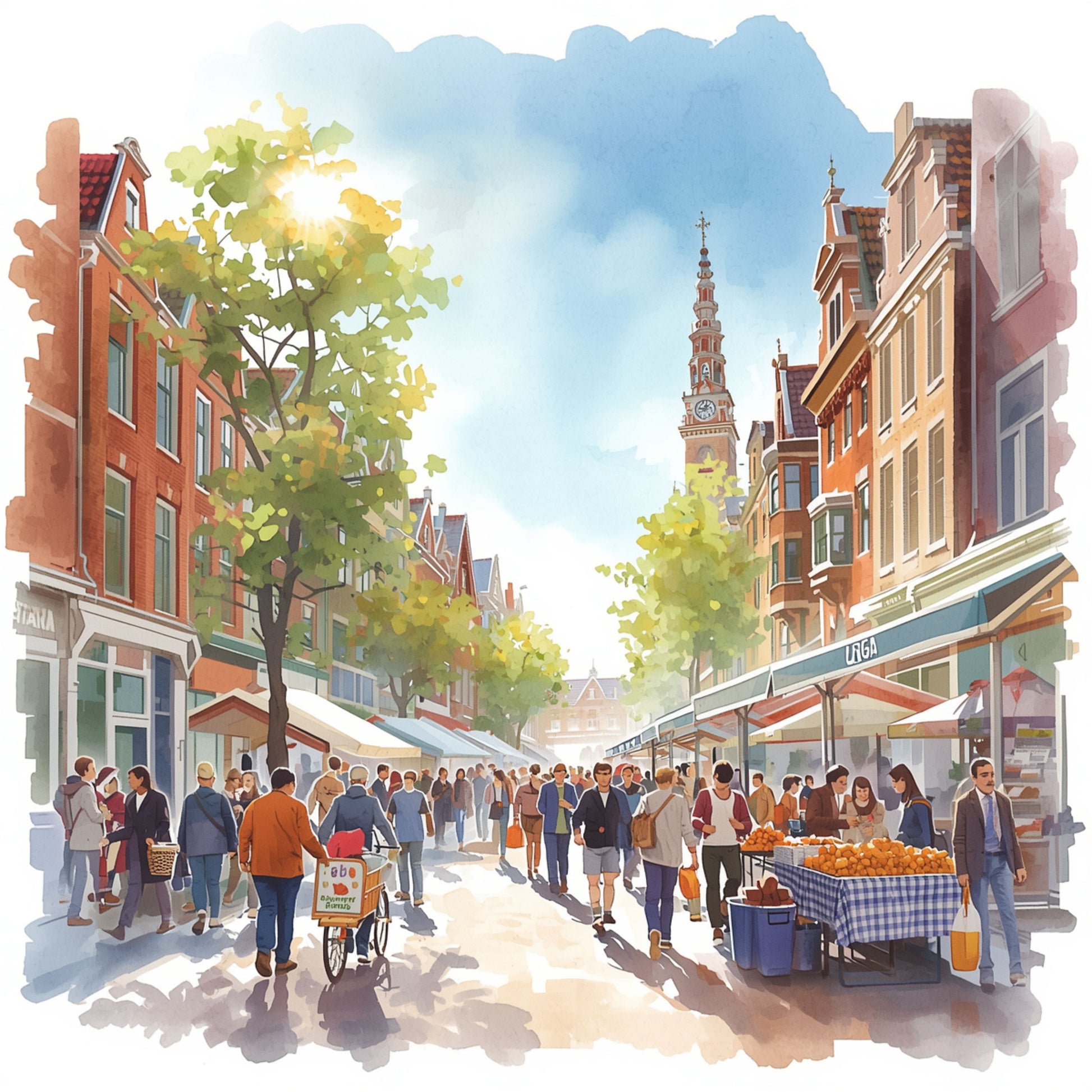 Aquarel schilderij van een bruisende Groningse marktstraat met marktkramen, voetgangers en kerktoren op de achtergrond op een zonnige zaterdag – wall art print

