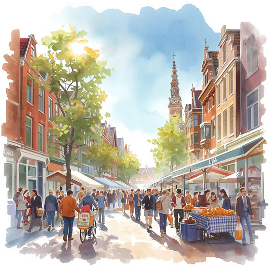 Aquarel schilderij van een bruisende Groningse marktstraat met marktkramen, voetgangers en kerktoren op de achtergrond op een zonnige zaterdag – wall art print
