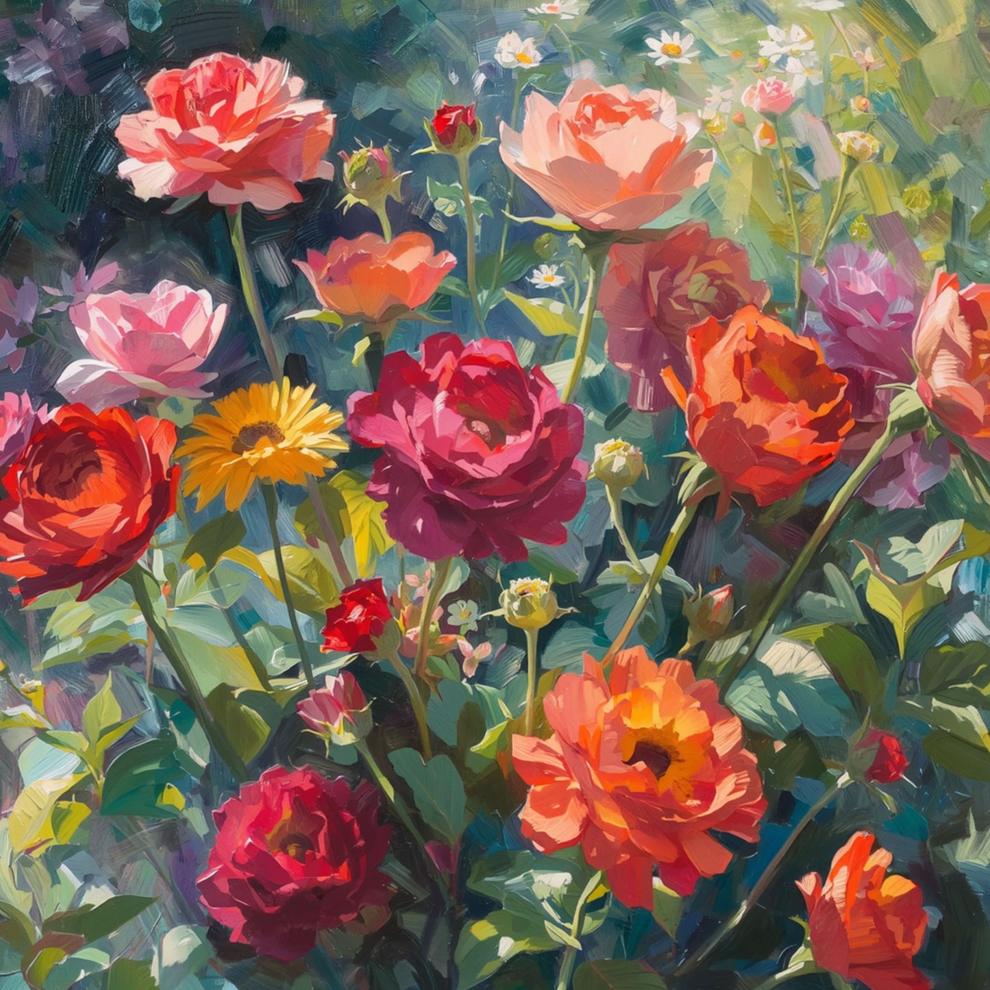 Schilderij van weelderige rozentuin vol roze, rood, oranje en perzikkleurige rozen in volle bloei – romantisch impressionistisch bloemen wall art print
