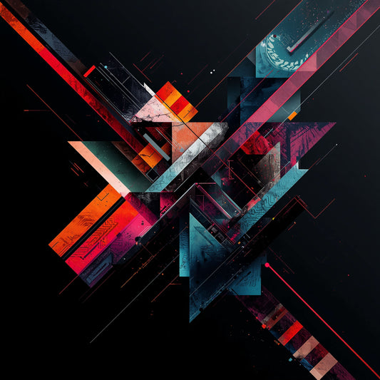 Abstract schilderij met scherpe geometrische fragmenten in vurig rood, diepblauw en zwart die exploderen als gebroken glas in de nacht – futuristisch wall art print
