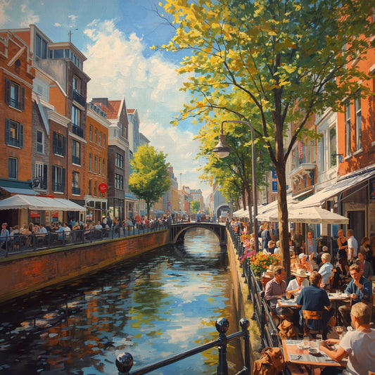 Schilderij van zomerse Eindhovense gracht met terrasjes, groene bomen en kleurrijke gevels weerspiegeld in het water – Hollandse wall art print
