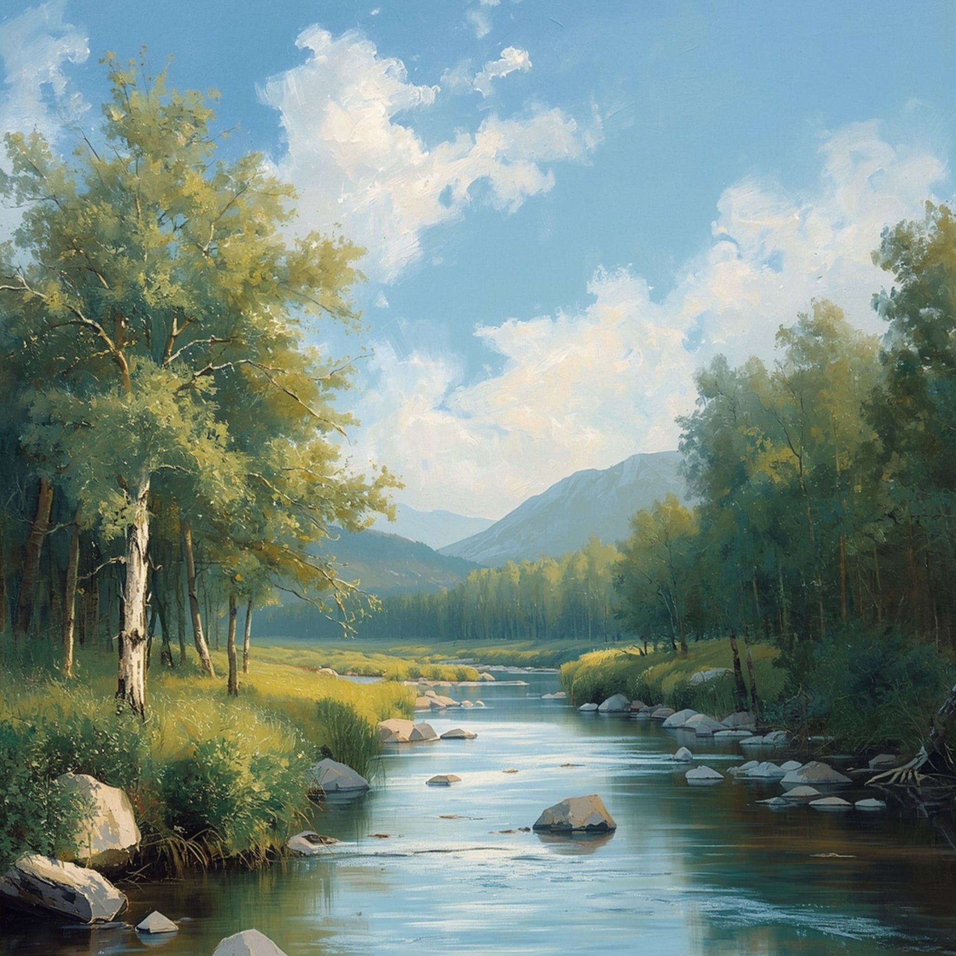 Schilderij van kristalheldere beek die slingert door weelderig groen landschap met witte berkenbomen en blauwe lucht met wolken – natuur wall art print
