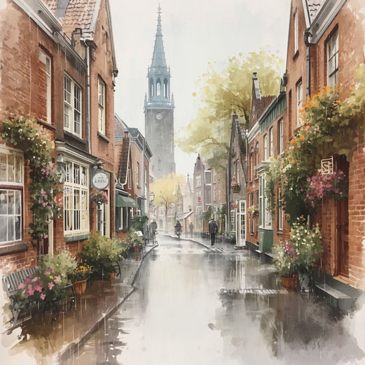 Aquarel schilderij van een schilderachtige Groningse gracht met kerktoren, natte straatstenen en sfeervolle grijze tinten bij regenachtig weer – wall art print
