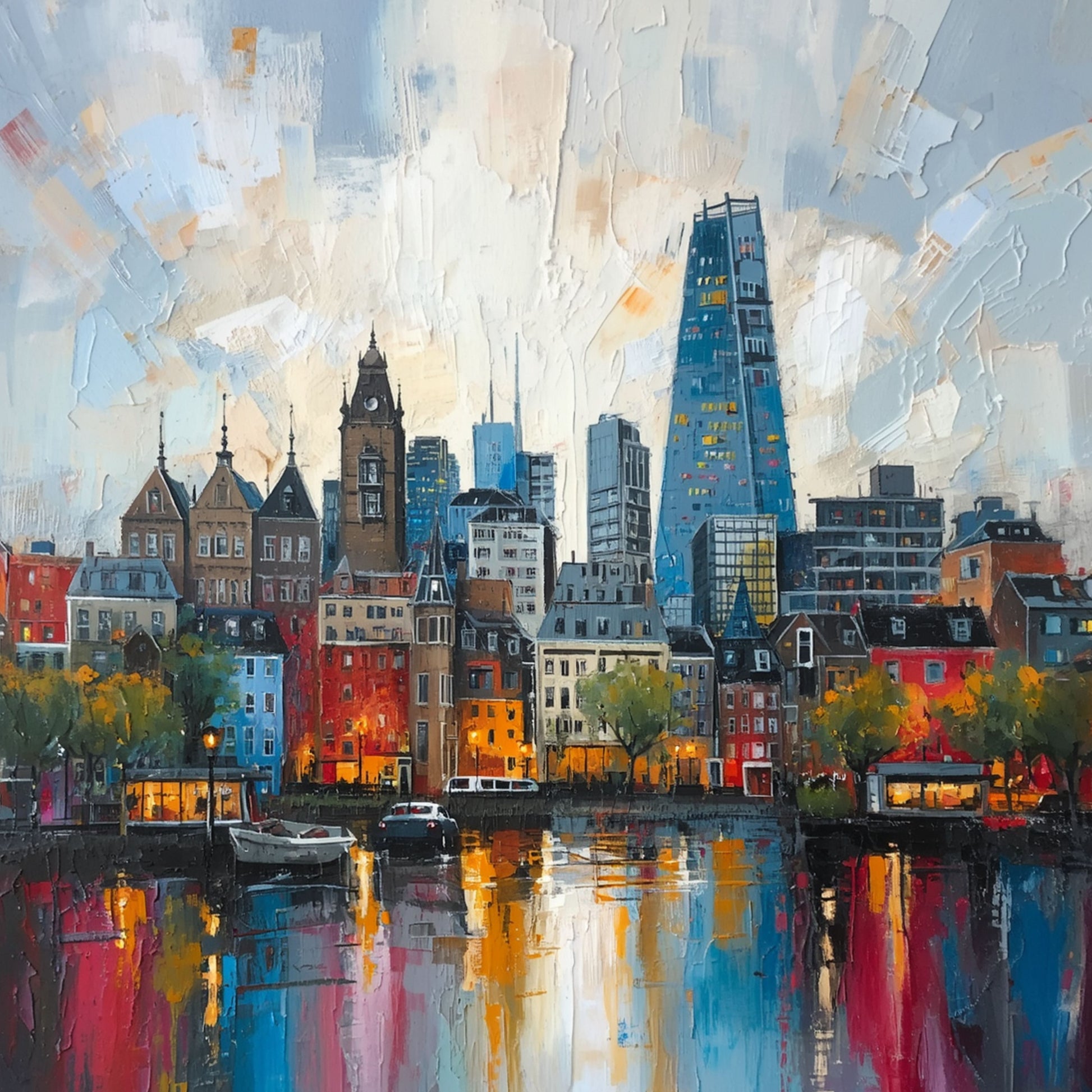 Schilderij van dramatische Eindhovense stadsskyline met hoge glazen torens weerspiegeld in het water bij schemering in rood, oranje en blauw – wall art print

