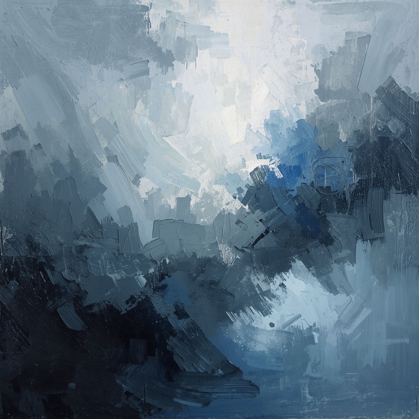 Abstract schilderij met dramatische wervelende wolken in diepe indigo en staalblauwe tinten – krachtig atmosferisch wall art print
