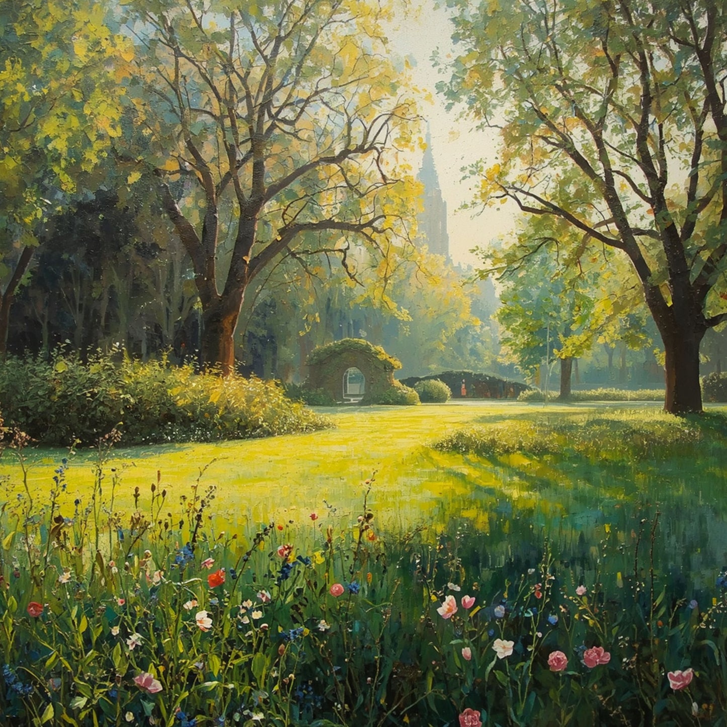 Schilderij van gouden ochtendlicht dat breekt door kale boomtakken over een weids groen weiland met wilde bloemen – natuur wall art print
