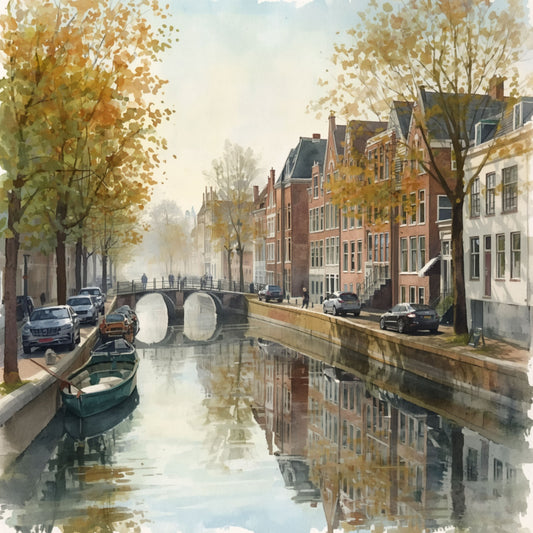 Aquarel schilderij van schilderachtige Hollandse gracht in herfstkleuren met gouden bomen, historische gevels en boten langs de kade – wall art print
