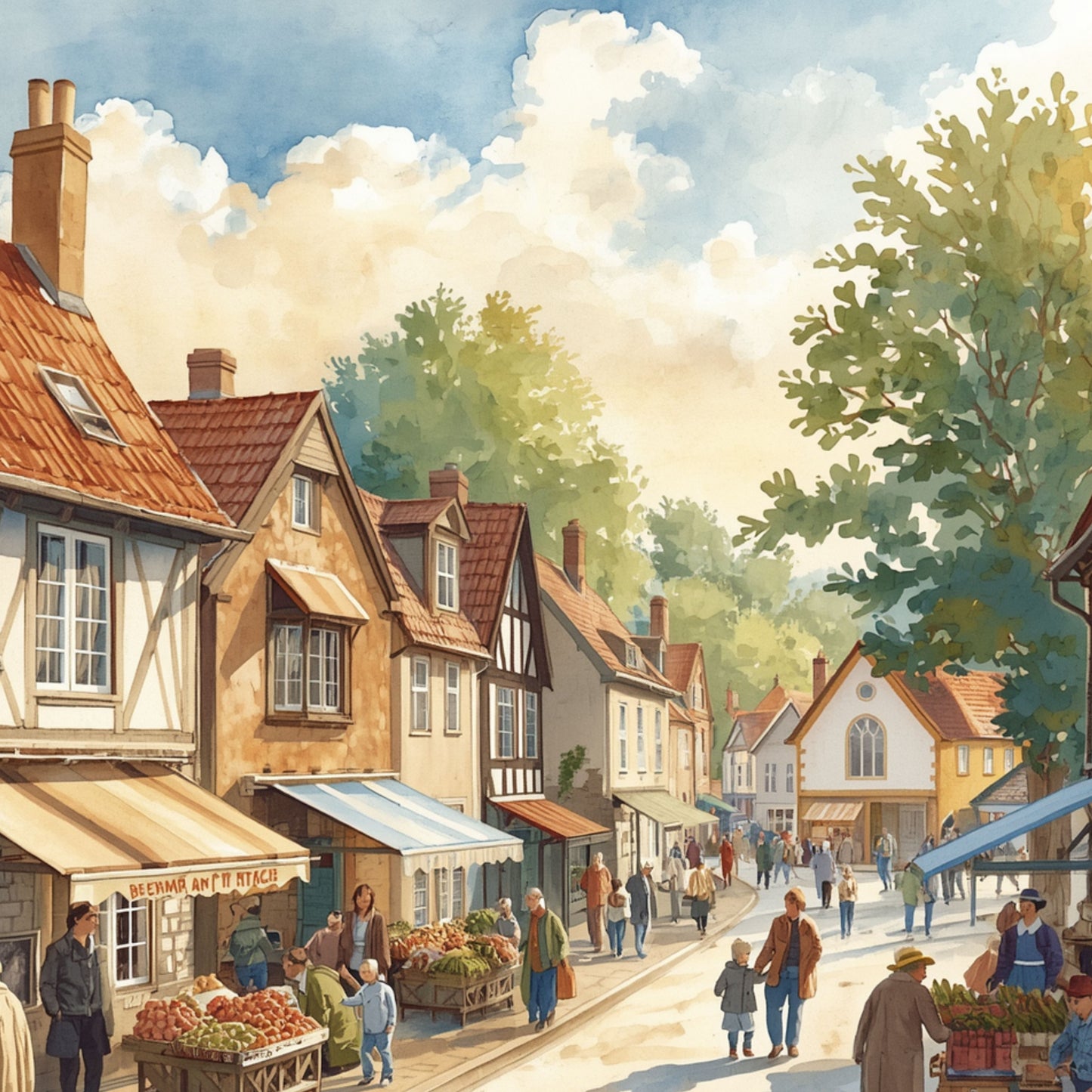 Schilderij van levendig Engels dorpsstraatje met vakwerkhuizen, kleurrijke marktkraampjes vol bloemen en voetgangers op een zonnige zomerdag – wall art print
