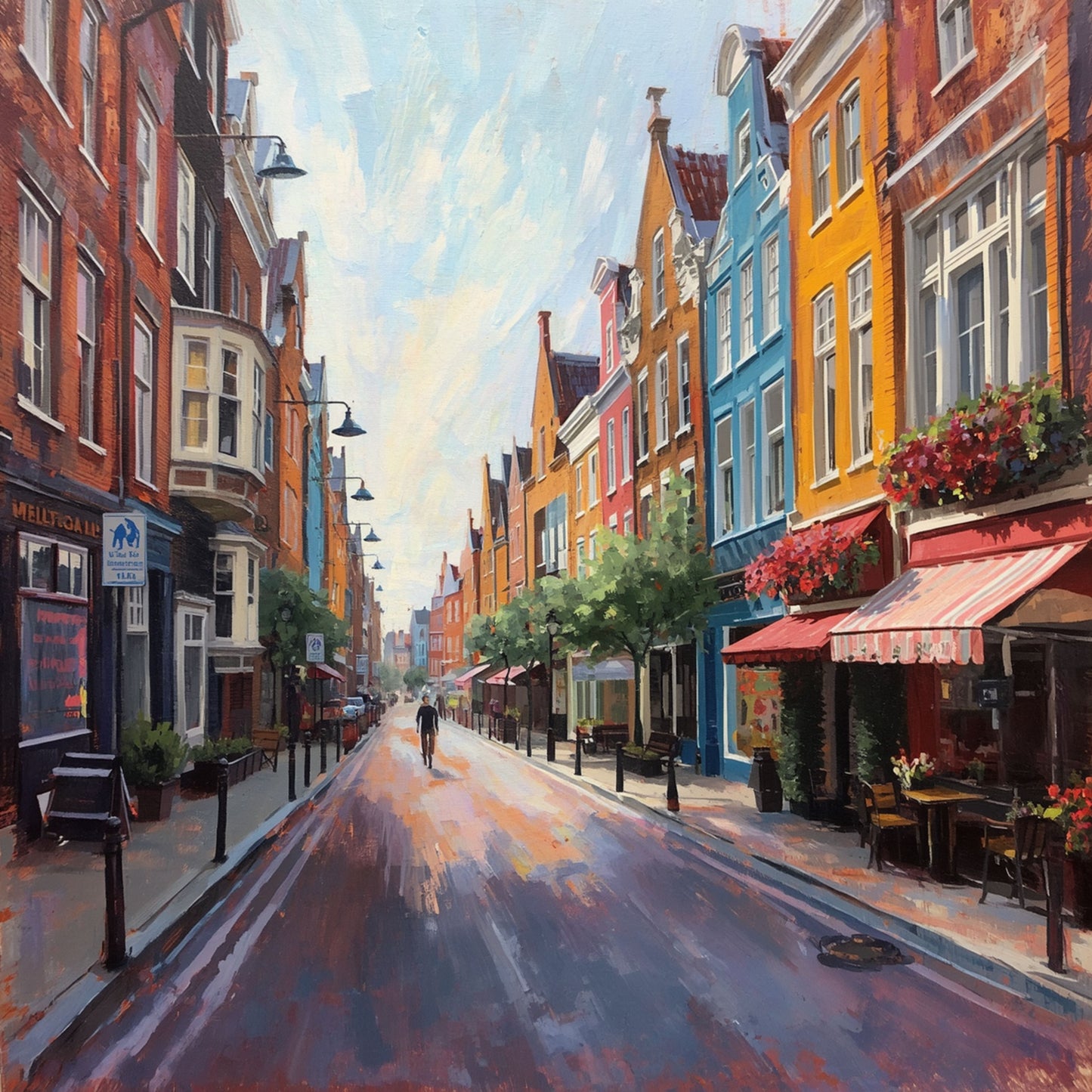Schilderij van een levendige Groningse winkelstraat met kleurrijke gevels in geel, oranje en rood en lange schaduwen op het wegdek op een zonnige dag – wall art print
