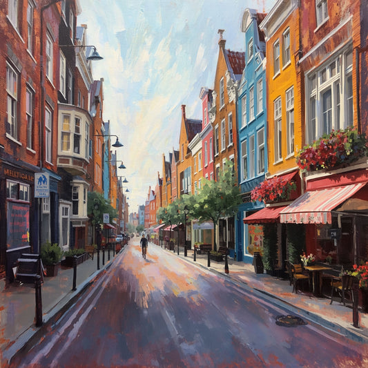 Schilderij van een levendige Groningse winkelstraat met kleurrijke gevels in geel, oranje en rood en lange schaduwen op het wegdek op een zonnige dag – wall art print
