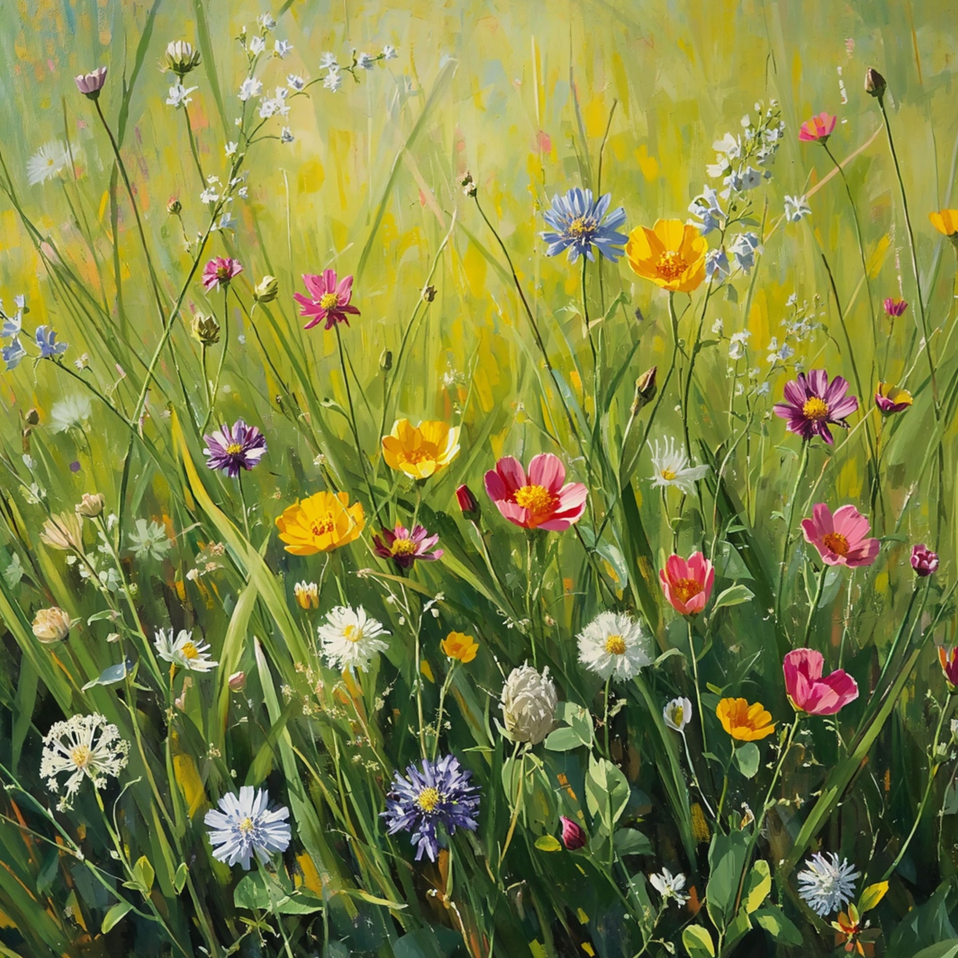 Schilderij van weelderig zomers bloemenveld met tulpen, korenbloemen, madeliefjes en wilde bloemen in stralend groen gras – naturalistisch olieverf wall art print
