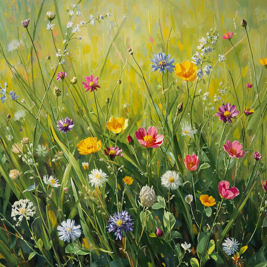 Schilderij van weelderig zomers bloemenveld met tulpen, korenbloemen, madeliefjes en wilde bloemen in stralend groen gras – naturalistisch olieverf wall art print

