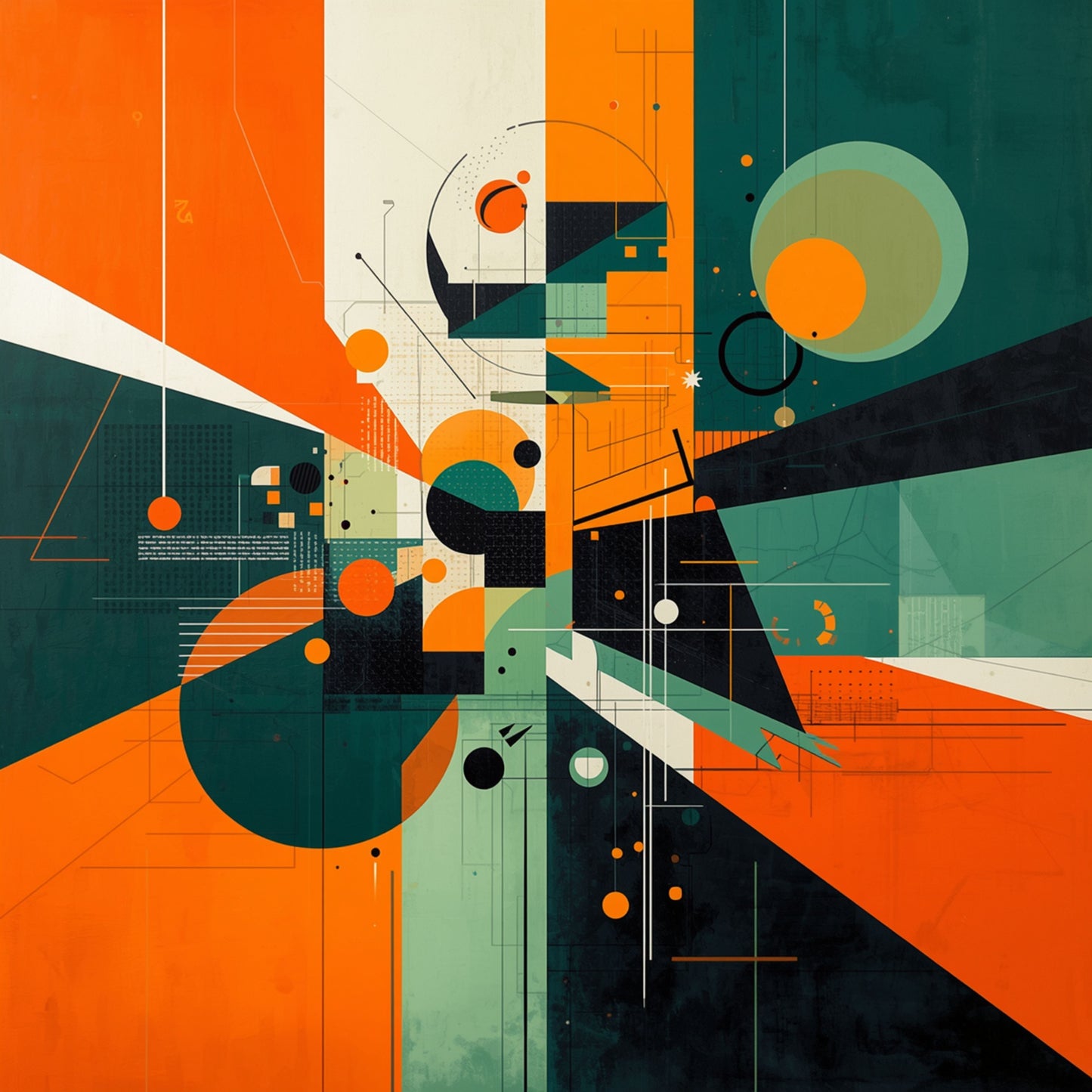 Abstract schilderij met scherpe geometrische vormen, cirkels en diagonale lijnen in vurig oranje, diepgroen en zwart – Bauhaus-geïnspireerde wall art print
