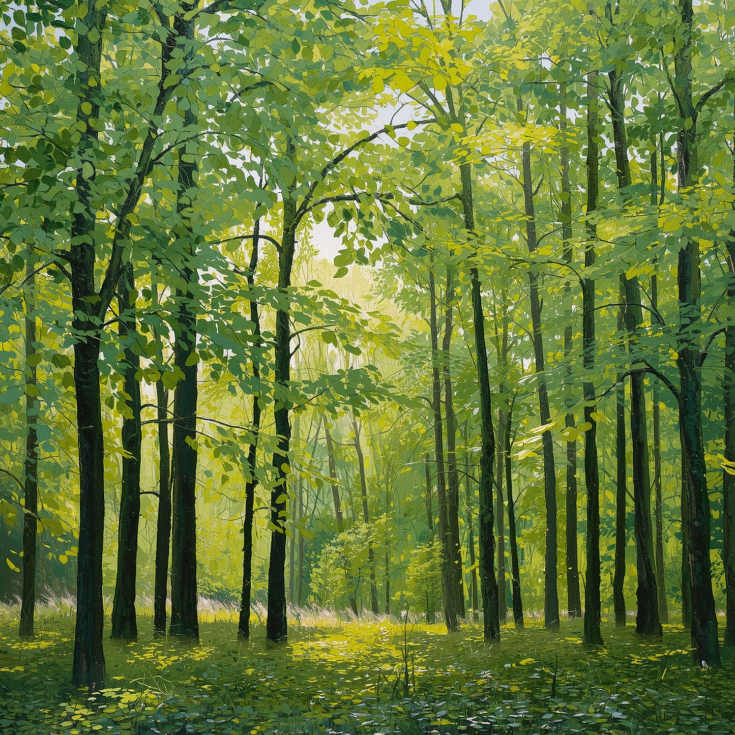 Schilderij van slanke boomstammen die als zuilen omhoog rijzen in een licht doorschijnend groen bos – natuur wall art print
