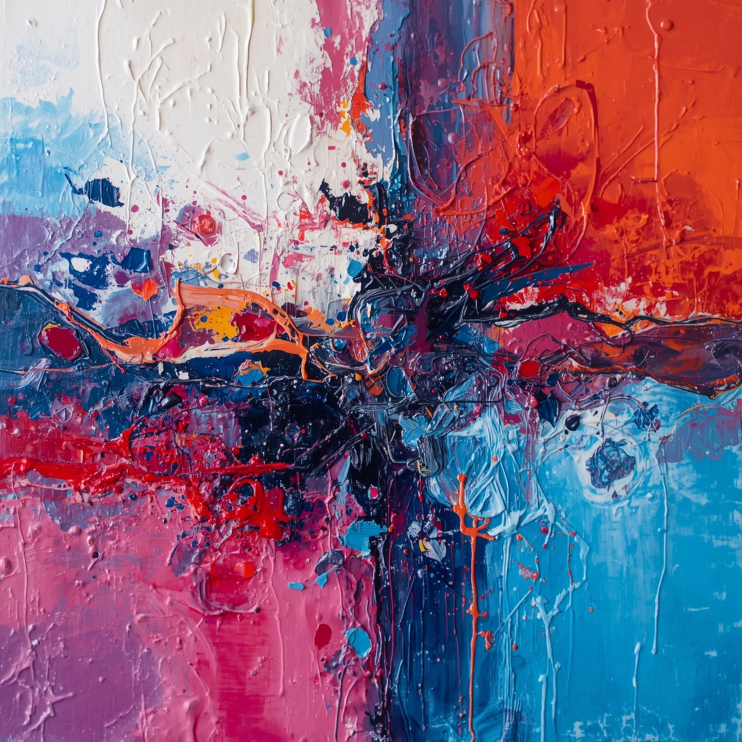 Abstract schilderij met vurig rood en diepblauw in expressionistische penseelstreken met paarse en witte accenten – emotioneel wall art print
