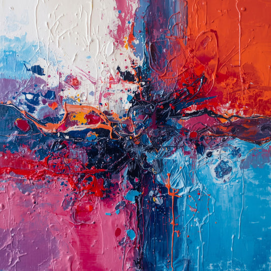 Abstract schilderij met vurig rood en diepblauw in expressionistische penseelstreken met paarse en witte accenten – emotioneel wall art print
