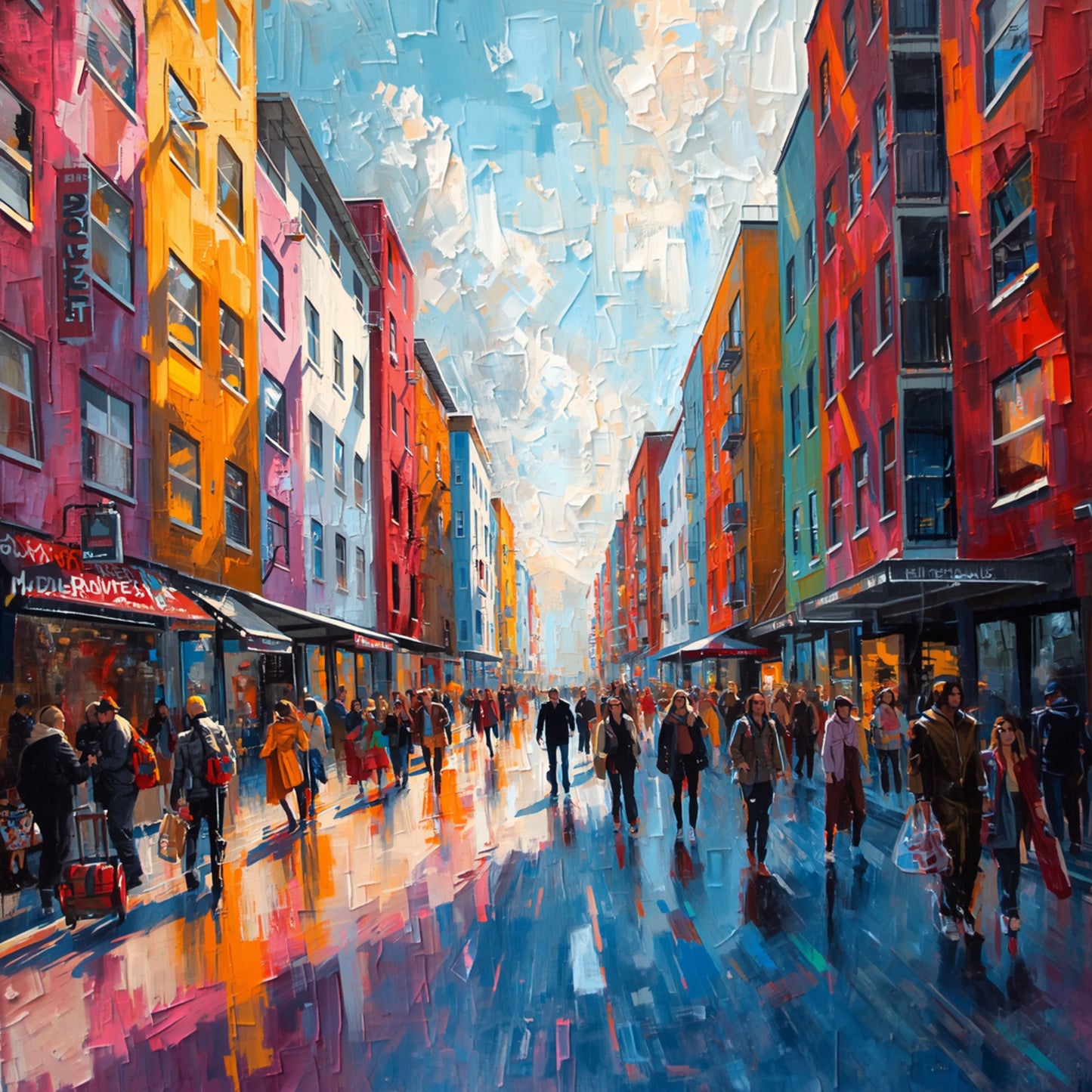Schilderij van regenachtige Eindhovense winkelstraat met kleurrijke gevels in rood, oranje en geel, natte straatstenen met reflecties en drukke voetgangers – wall art print
