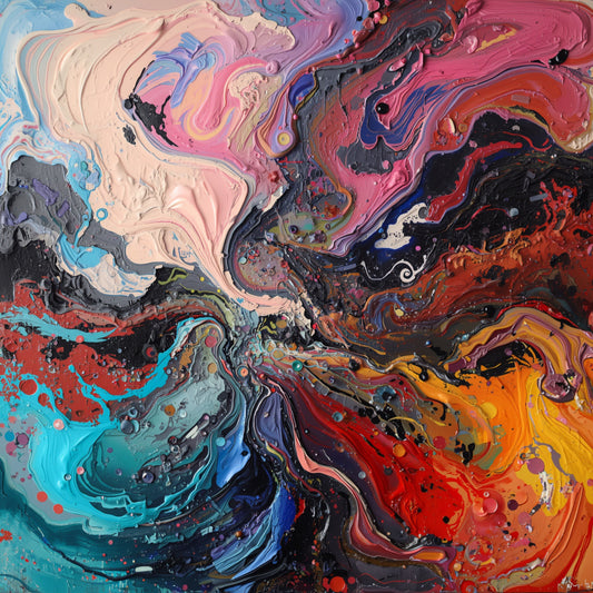 Abstract schilderij met explosieve vloeiende kleuren in roze, paars, oranje en zwart die botsen als vuur en water in perfecte chaos – wall art print
