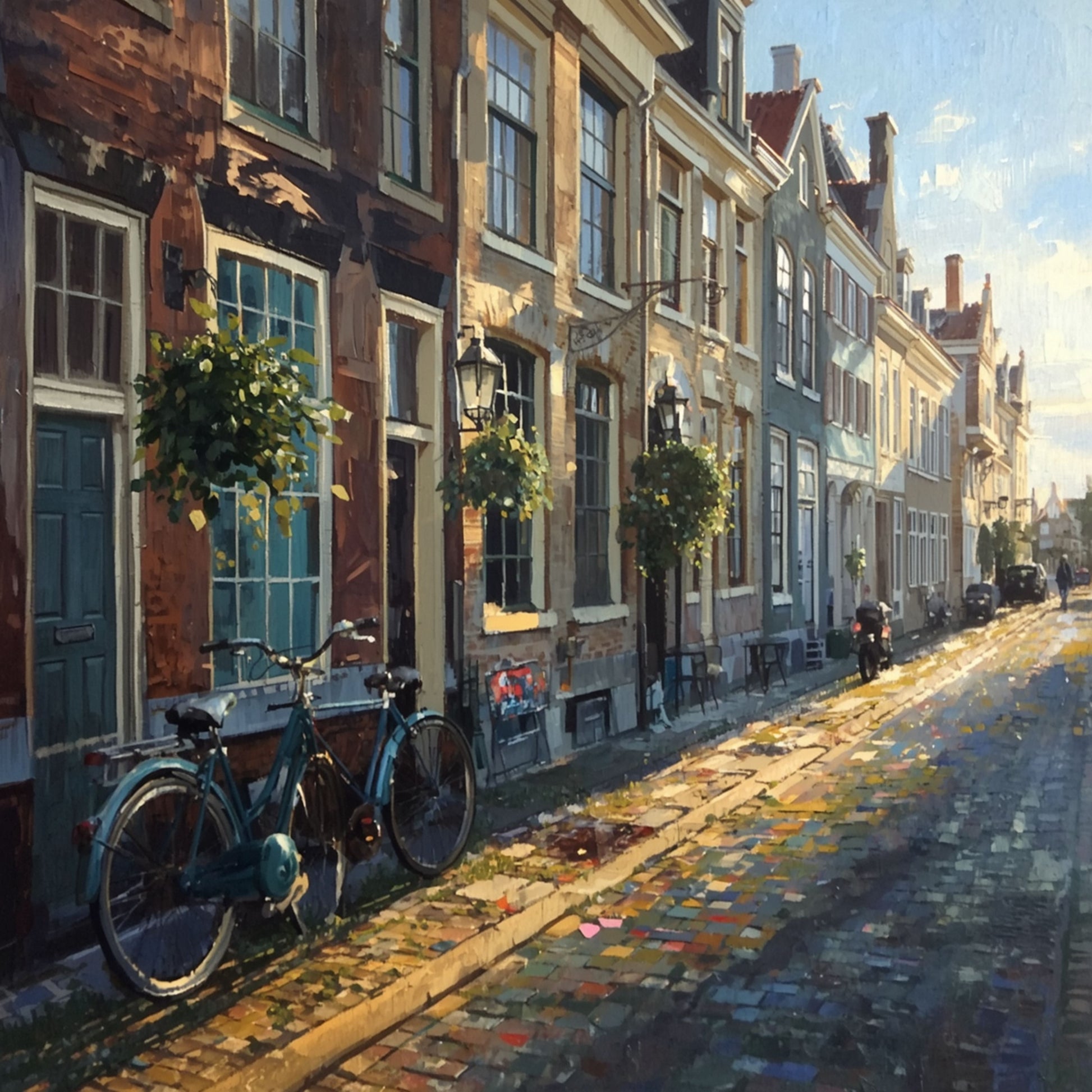Schilderij van een zonnige Groningse straat met fietsen langs bakstenen gevels en warm gouden licht over de kinderkopjes – Hollandse wall art print

