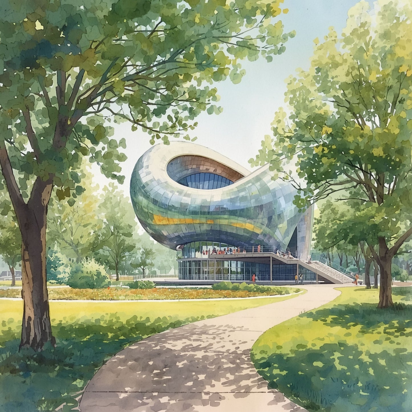Eindhoven futuristisch gebouw schilderij in houten lijst aan witte muur boven wit dressoir met witte vaas en groene plant – wall art print interieur
