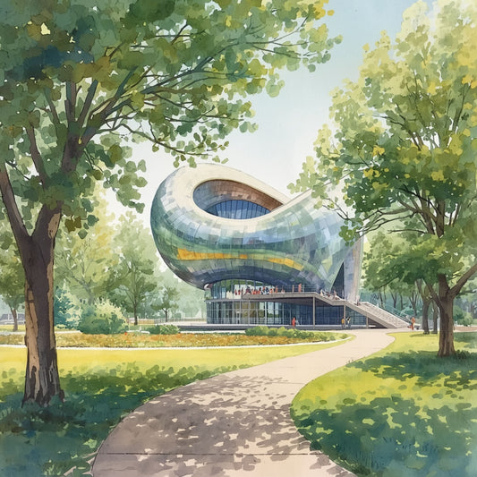 Eindhoven futuristisch gebouw schilderij in houten lijst aan witte muur boven wit dressoir met witte vaas en groene plant – wall art print interieur
