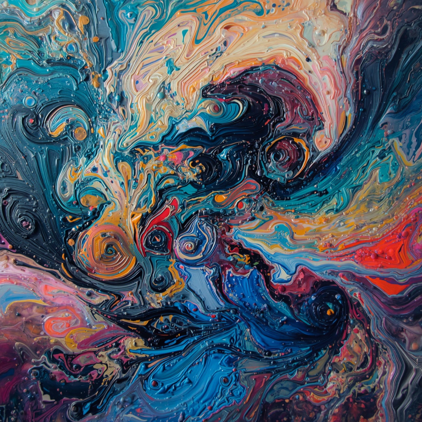 Abstract schilderij met wervelende golven van diepblauw, turquoise, roze en goud als een dromende oceaan – vloeibaar hypnotiserend wall art print
