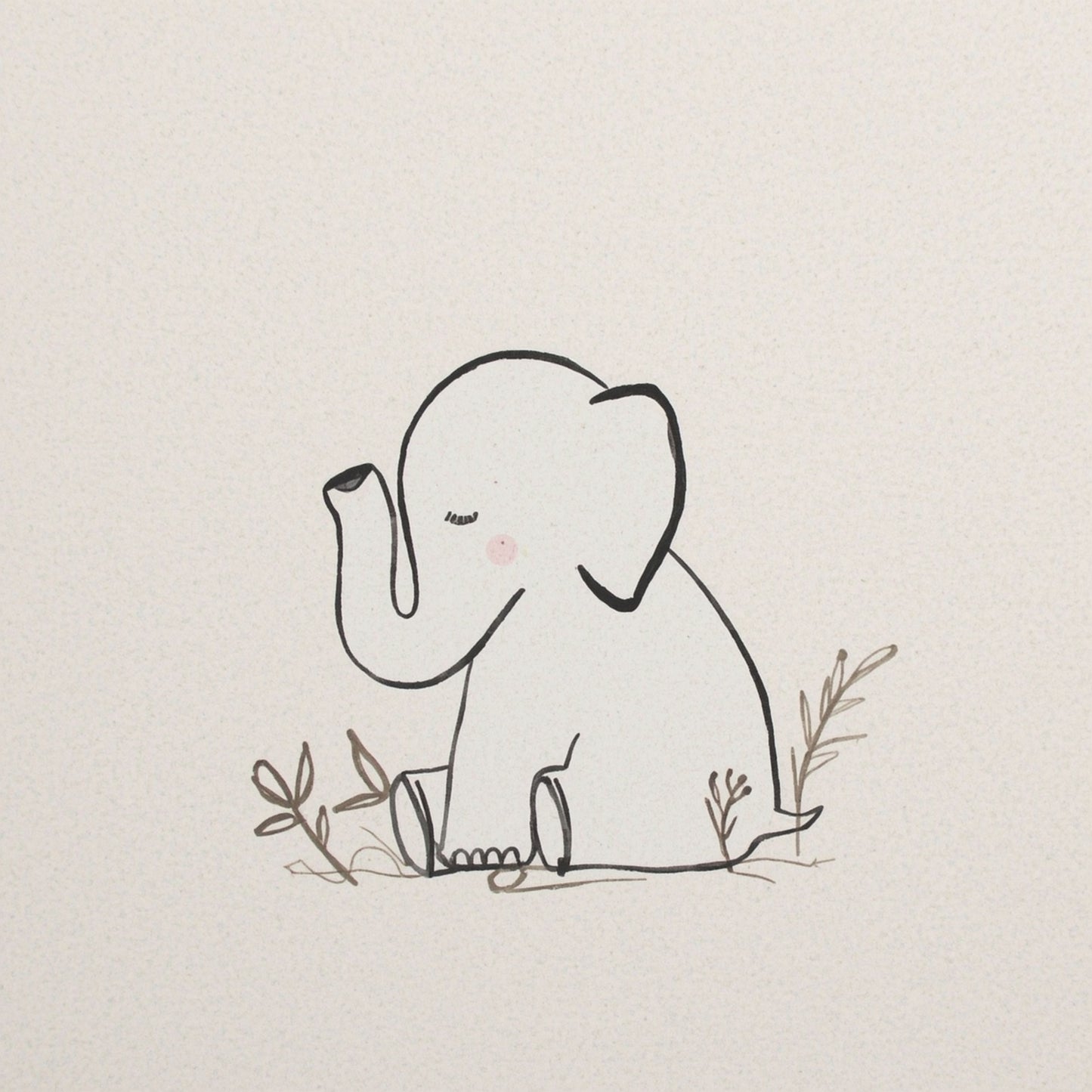 Minimalistisch olifantje canvas schilderij in lijntekening stijl met bloemen en takjes op beige achtergrond — babykamer wanddecoratie
