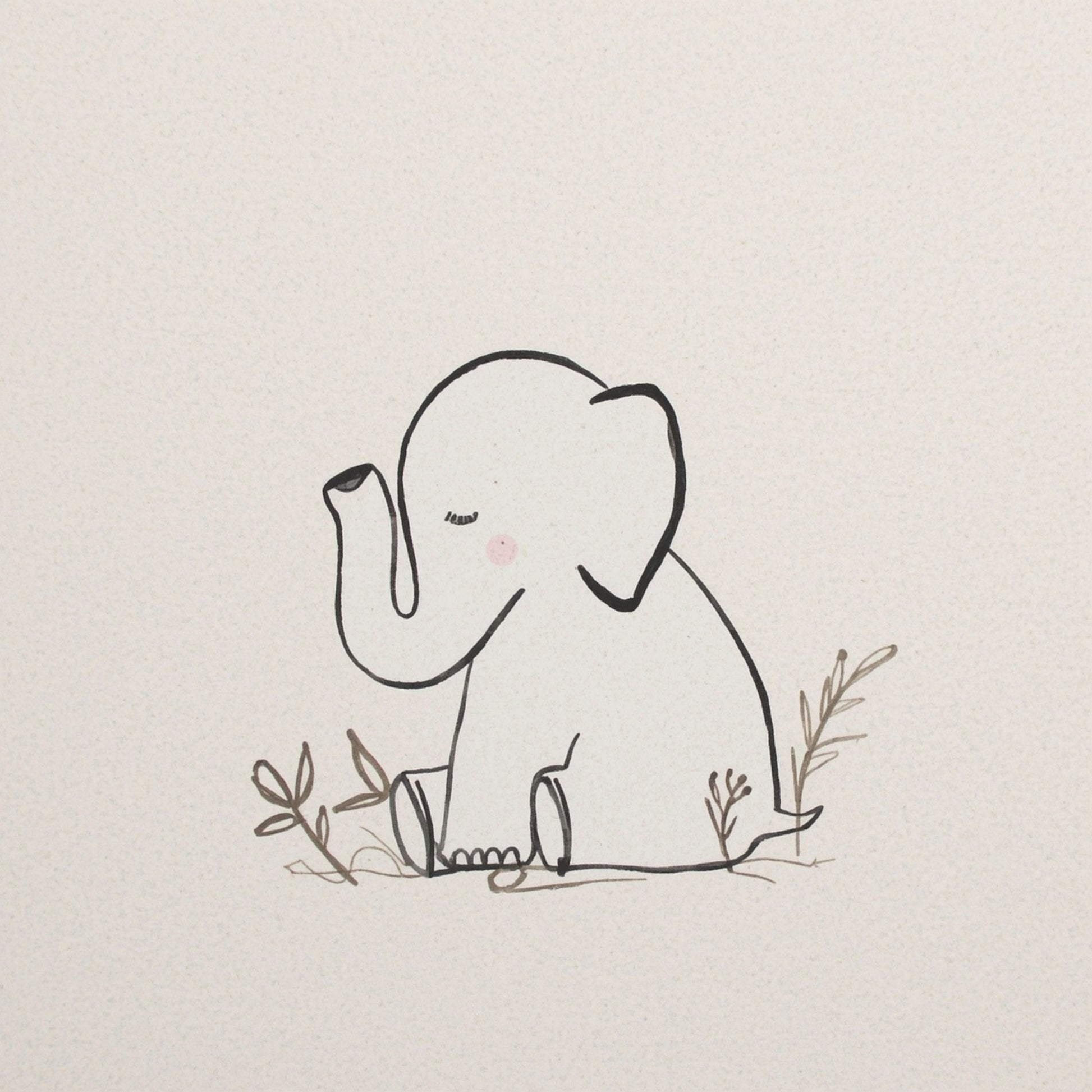 Minimalistisch olifantje canvas schilderij in lijntekening stijl met bloemen en takjes op beige achtergrond — babykamer wanddecoratie
