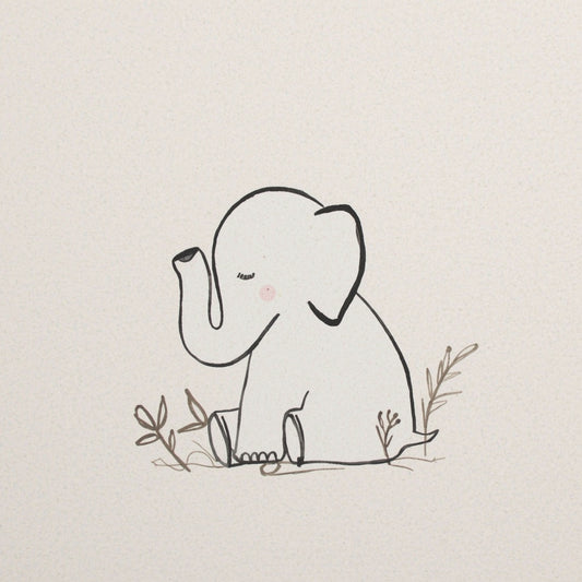 Minimalistisch olifantje canvas schilderij in lijntekening stijl met bloemen en takjes op beige achtergrond — babykamer wanddecoratie
